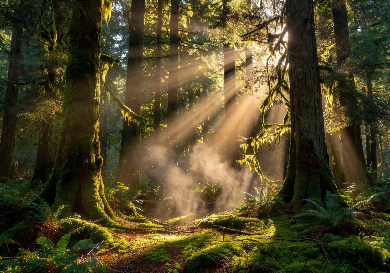 Forest sunlight streaming through tall green trees
