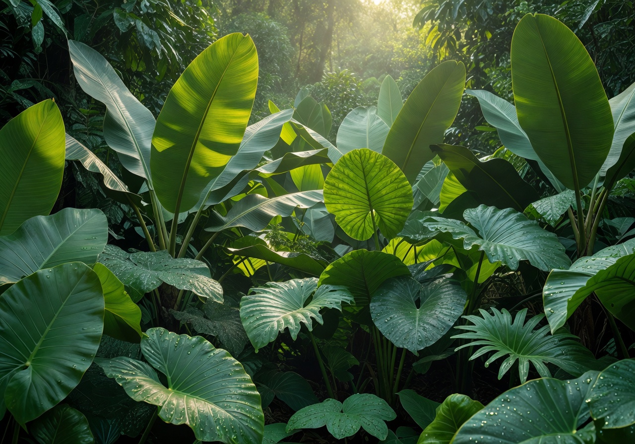 Lush green tropical leaves in soft sunlight